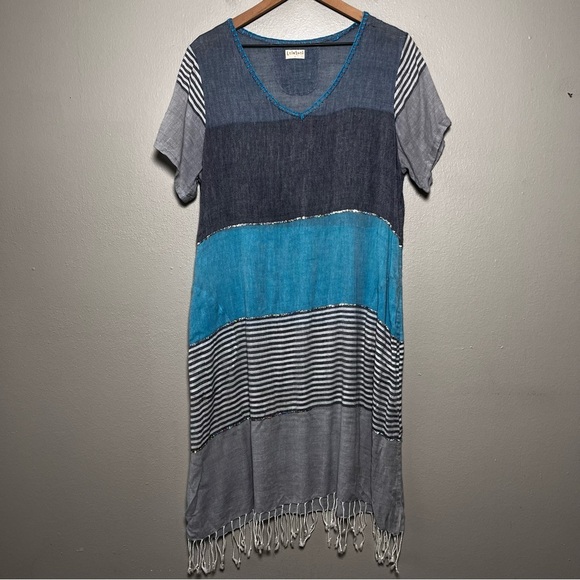 Lula Soul Women Dress Large Blue Stripe Sheer‎ Boho Beach V-Neck Shift White - Picture 1 of 12